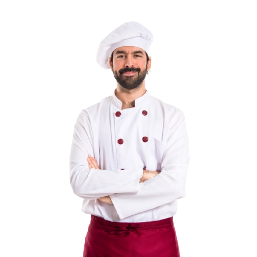 Chef de cozinha sorrindo, orgulhoso de seus pratos.