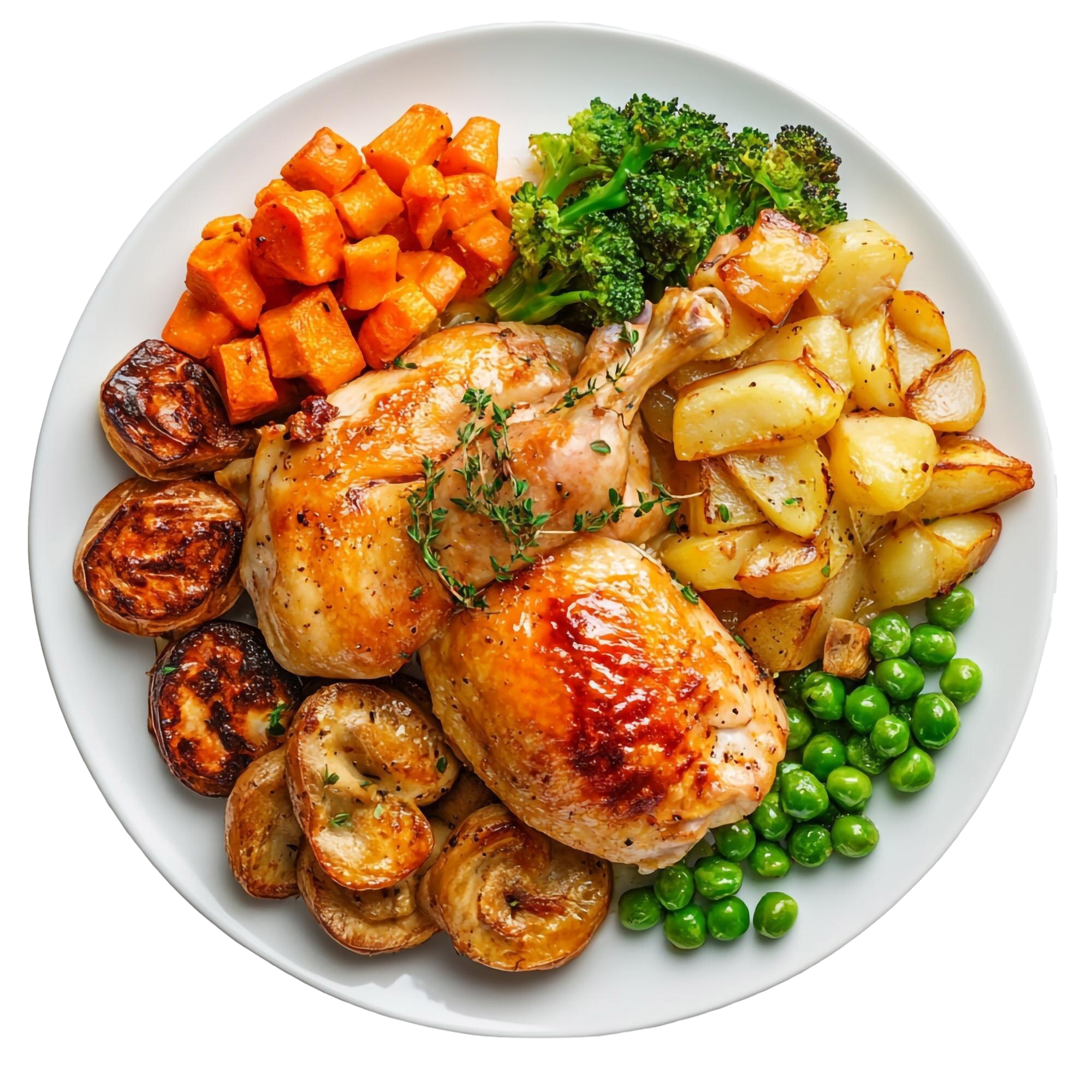 Prato principal de frango assado com legumes frescos e batatas.